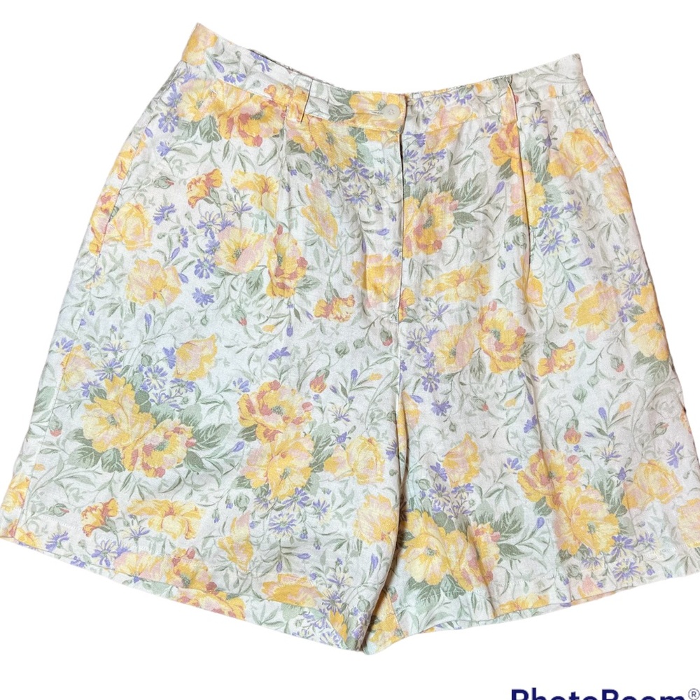Vintage Jones Wear Sport floral 100% linen high rise tailored Bermuda shorts EUC